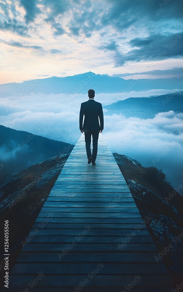 A solitary figure stands on a wooden path above the clouds, evoking a sense of reflection and tranquility in nature's vast expanse. A solitary figure stands on a wooden path above the clouds, evoking a sense of reflection and tranquility in nature's vast expanse.