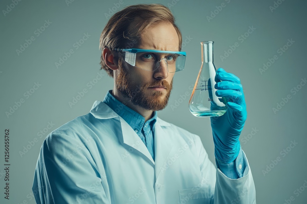 Scientist in lab coat holding a flask on a gray background. Scientist in lab coat holding a flask on a gray background.