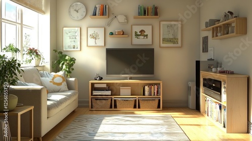 Space-efficient living room layout with a sofa, TV stand, and wall-mounted storage for a clutter-free space