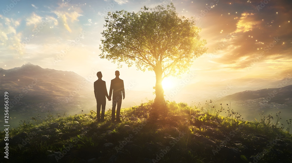 A serene sunset with two people holding hands near a tree, symbolizing love and connection in a picturesque landscape. A serene sunset with two people holding hands near a tree, symbolizing love and connection in a picturesque landscape.