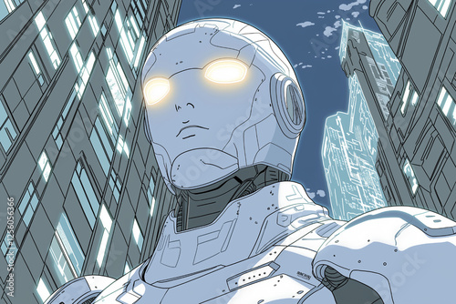 Cyberpunk Metropolis:  A Sentient Android's Gaze