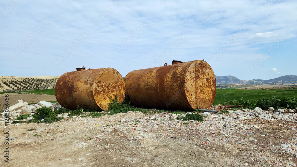 Rusty underground fuel tanks waiting to be dismantled and sent for recycling at an abandoned gas station Rusty underground fuel tanks waiting to be dismantled and sent for recycling at an abandoned gas station