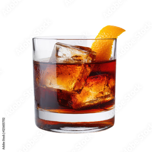 A glass filled with a dark beverage, ice cubes, and a twist of orange peel resting on the rim.