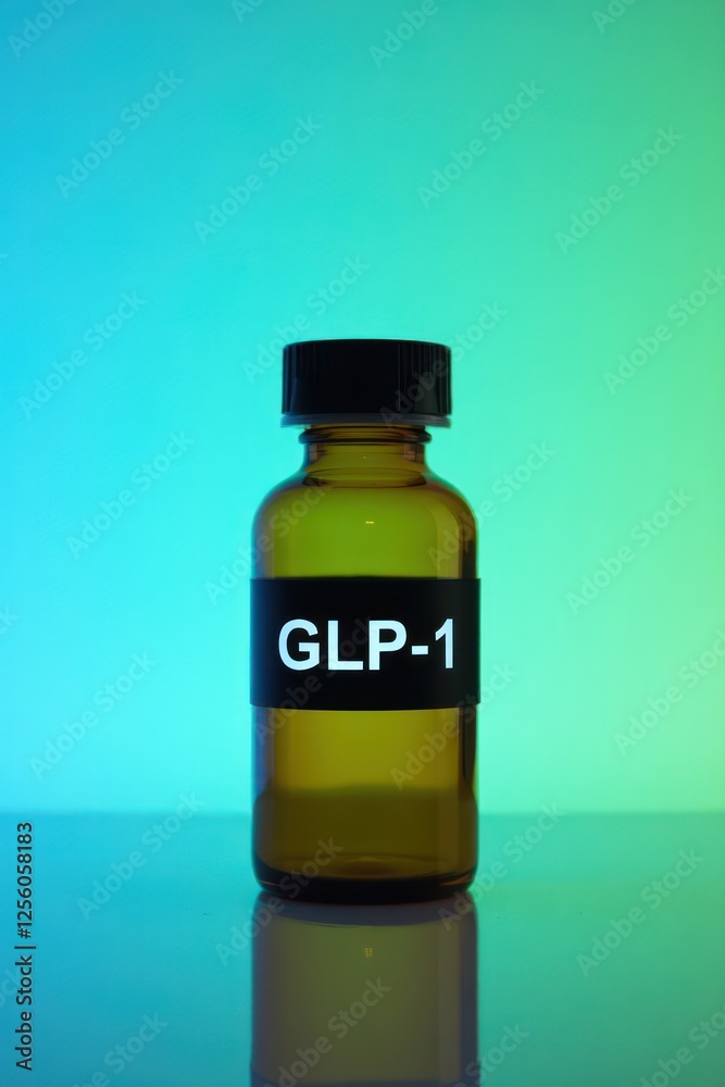 Amber glass vial labeled GLP-1 illuminated by a gradient blue-green background, showcasing pharmaceutical aesthetics Amber glass vial labeled GLP-1 illuminated by a gradient blue-green background, showcasing pharmaceutical aesthetics