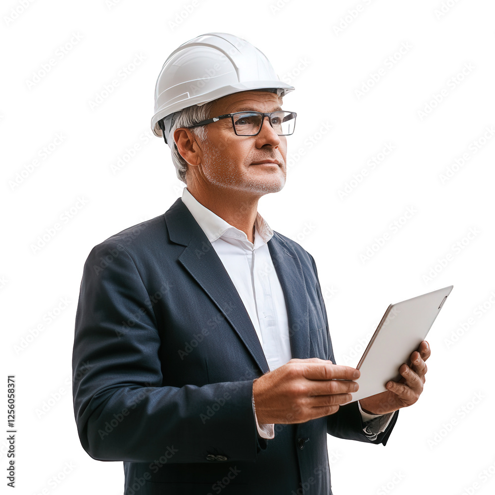 An engineer wearing a safety helmet holding a tablet computer in his hand An engineer wearing a safety helmet holding a tablet computer in his hand