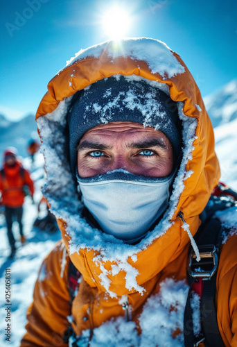 Mountaineer at Mount Everest summit, highlighting determination and extreme conditions. photo