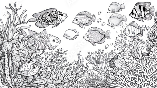 Underwater coral reef scene with fish, black and white illustration photo