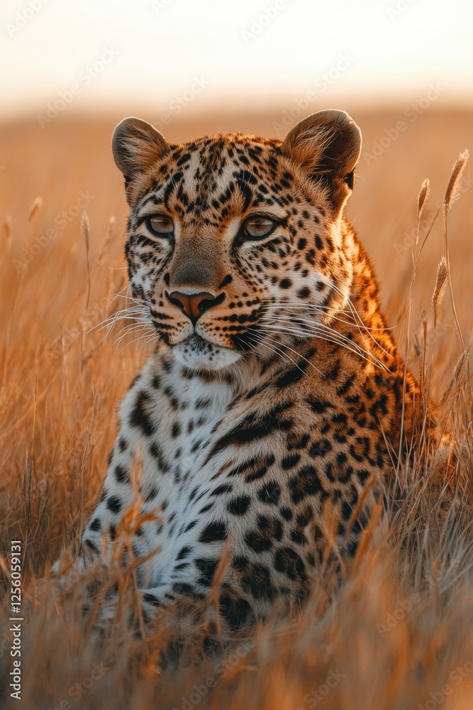 Fototapeta premium Leopard resting in golden grass at sunset in savanna