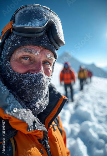 Mountaineer at Mount Everest summit, highlighting determination and extreme conditions. photo