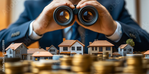investment Real Estate vision forecast in world economy concept businessman Put on a suit trader look through binocular
