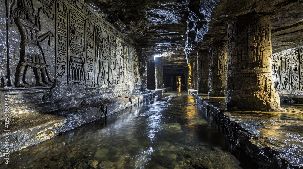 Naklejka premium Ancient underground temple with intricate carvings, reflecting water, and dim lighting creating a mystical atmosphere