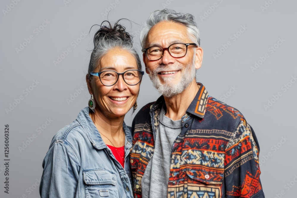 Portrait of a grinning multicultural couple in their 60s sporting a technical climbing shirt over blank studio backdrop Portrait of a grinning multicultural couple in their 60s sporting a technical climbing shirt over blank studio backdrop