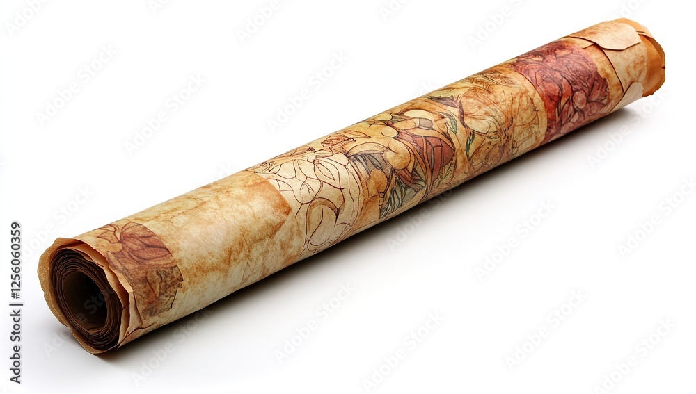 A long, thin roll of parchment paper with natural colors and intricate patterns on it. A long, thin roll of parchment paper with natural colors and intricate patterns on it.