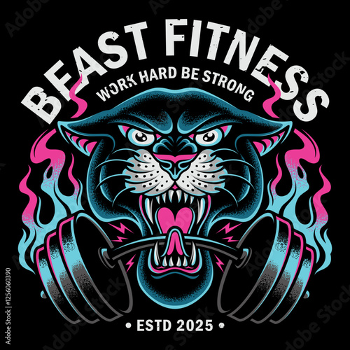 Panther gym logo design with dumbbells in old school tattoo style