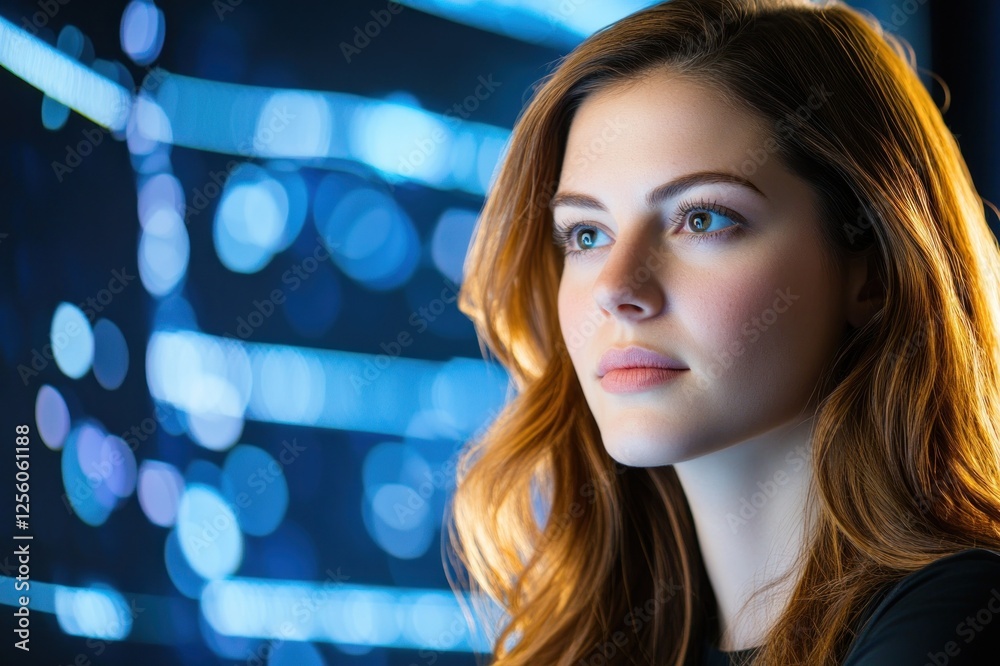 Fototapeta premium Thoughtful Woman Gazing Into The Illuminated Void