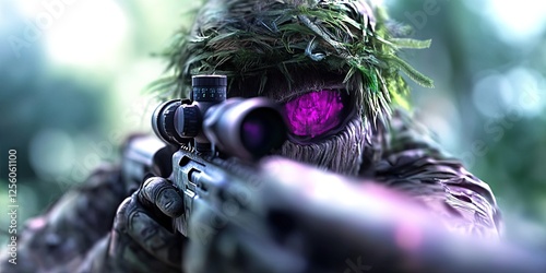 sniper holding sniper rifer in full camo uniform
