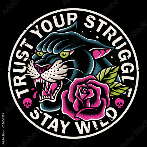 Panther and rose in traditional tattoo style. Vector graphic
