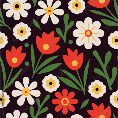  Pattern of seamless flowers. Abstract wildflowers on a black background.Style for banners, wallpaper, posters, websites, online shopping.Vector illustration design.