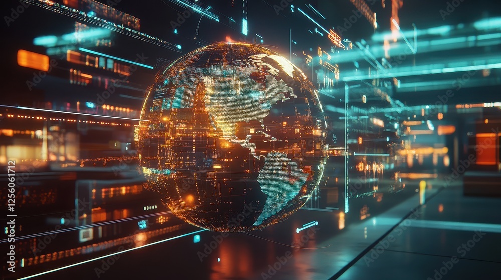 A globe made entirely of holographic light, surrounded by abstract data symbols, representing world trade connections, modern, clean, tech.