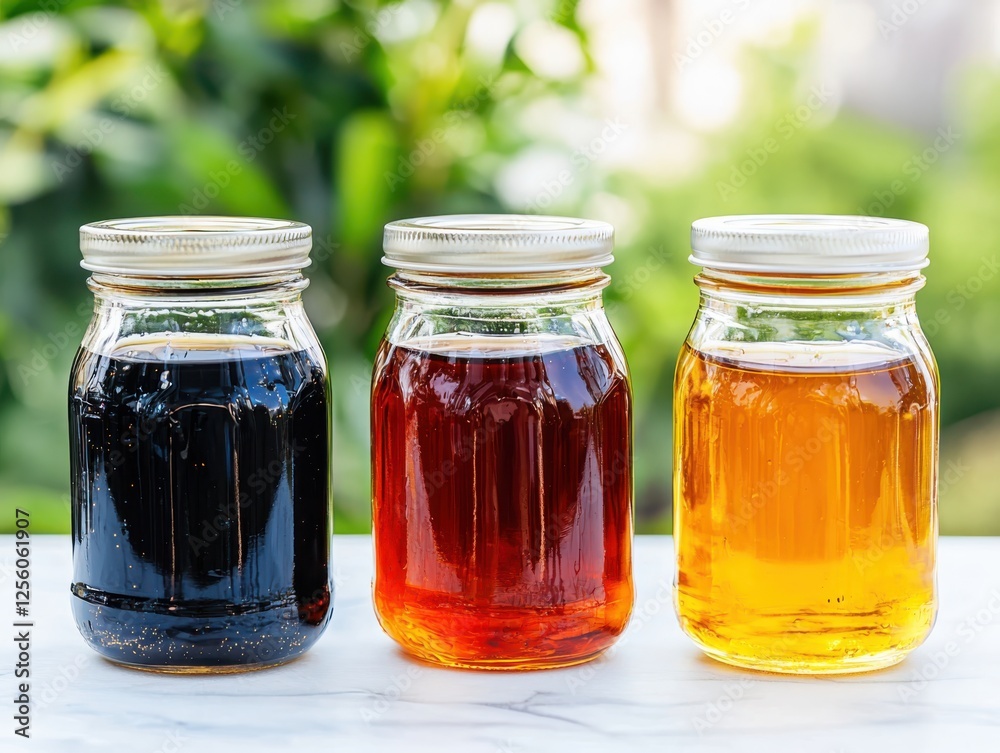 Delicious pancake syrup pairings in jars beside golden brown pancakes soft morning light closeup highlighting rich colors and textures Delicious pancake syrup pairings in jars beside golden brown pancakes soft morning light closeup highlighting rich colors and textures