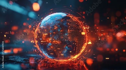 A globe made entirely of holographic light, surrounded by abstract data symbols, representing world trade connections, modern, clean, tech.