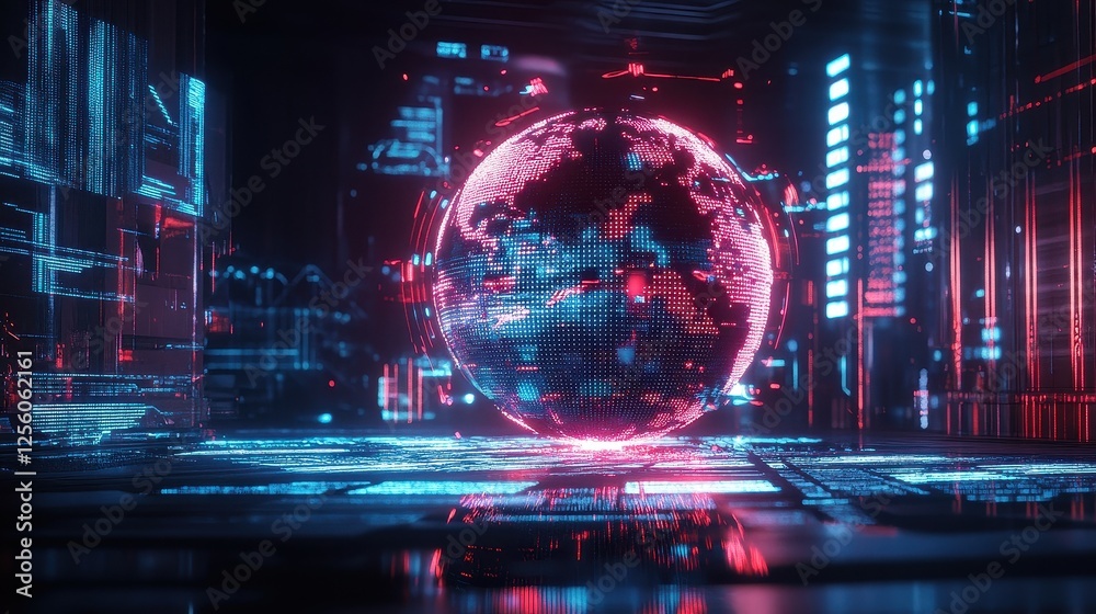 A globe made entirely of holographic light, surrounded by abstract data symbols, representing world trade connections, modern, clean, tech.
