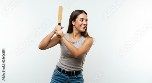 Confident Young Woman Baseball Bat Casual Athletic Wear photo