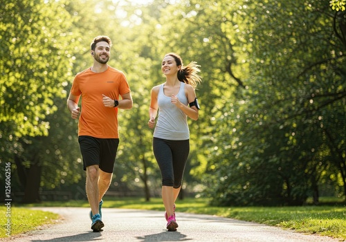 Active Young Couple Jogging Sunny Green Park - Fitness Lifestyle photo