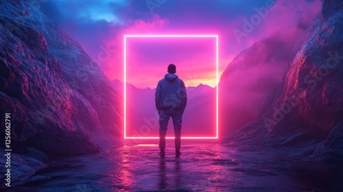 A lone figure stands before a glowing neon portal in a surreal landscape at sunset, evoking mystery