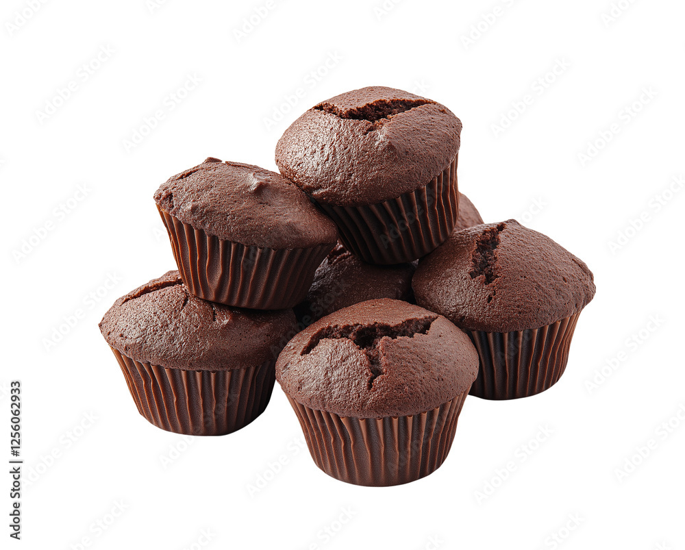 Pile of delicious chocolate muffins isolated on white or transparent background PNG Pile of delicious chocolate muffins isolated on white or transparent background PNG