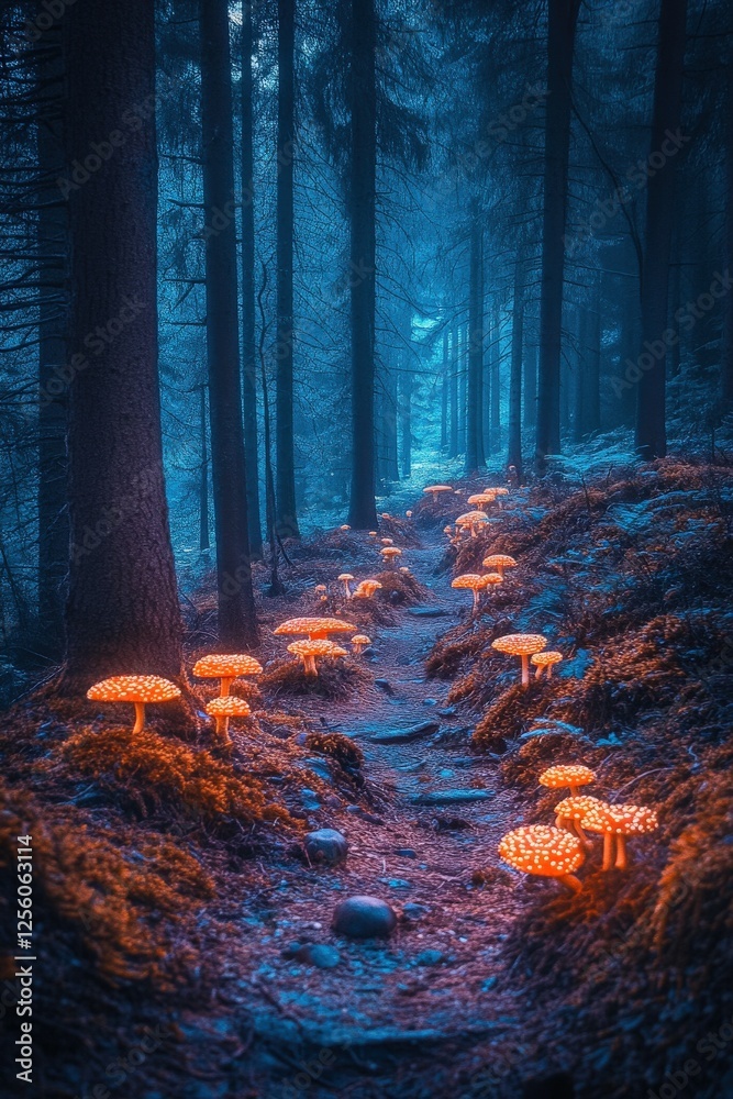 Enchanted forest path illuminated by glowing mushrooms Enchanted forest path illuminated by glowing mushrooms