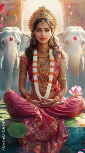 Hindu Goddess Meditation Serene Temple Digital Art Tranquil Setting Close-Up Spiritual Reverence