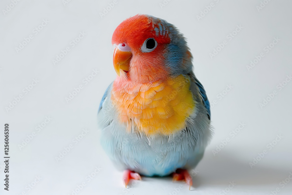 Obraz premium Cute colorful lovebird with fluffy feathers and bright plumage on a white background. Adorable pet parrot, small exotic bird, vibrant tropical bird species, and avian photography.