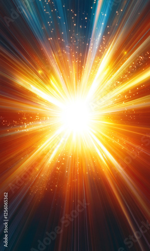 A bright orange and blue background with light rays radiating outward from the center creating an explosion effect.