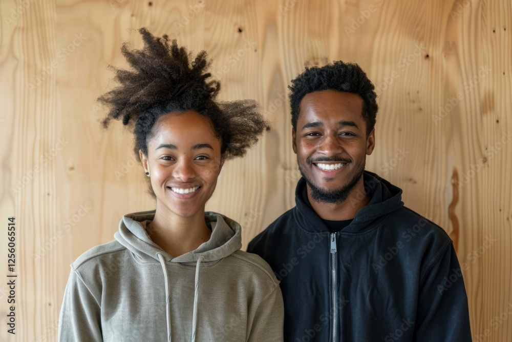 Portrait of a smiling afro-american couple in their 30s wearing a zip-up fleece hoodie in front of light wood minimalistic setup Portrait of a smiling afro-american couple in their 30s wearing a zip-up fleece hoodie in front of light wood minimalistic setup