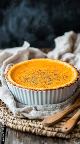 Delicious golden baked babele dessert in ceramic dish photo