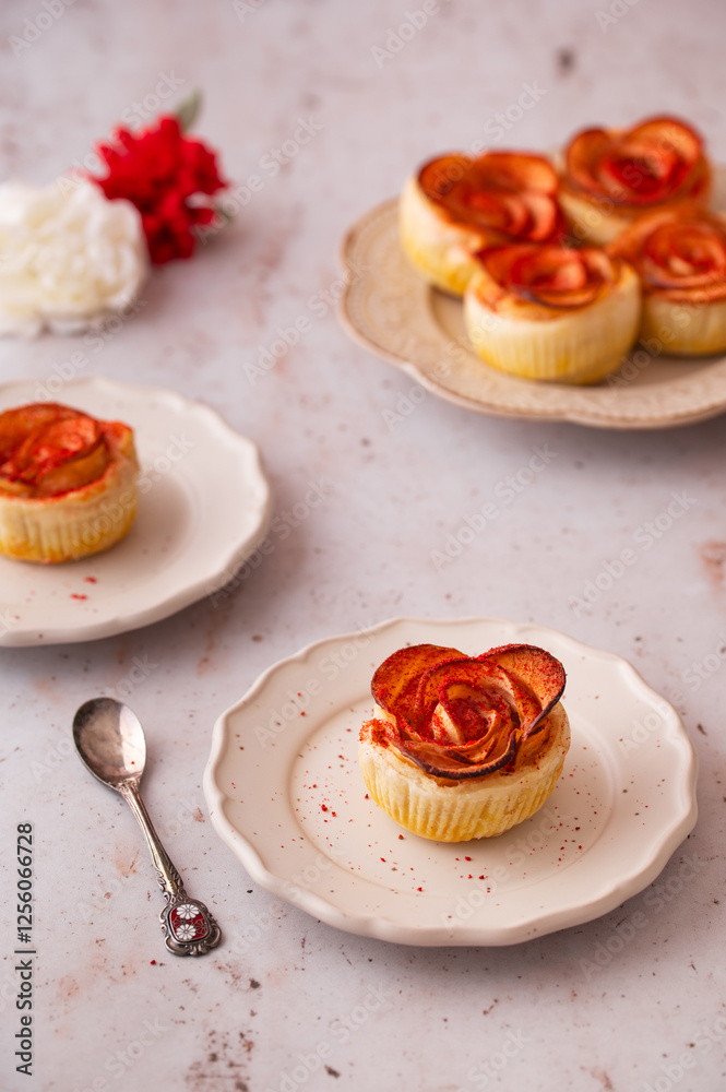 Apple roses Puff pastry sprinkled with red dry powdered strawberry. Romantic Dessert for Valentine's Day or Birthday. Twisted cake. Food photography and styling. Apple roses Puff pastry sprinkled with red dry powdered strawberry. Romantic Dessert for Valentine's Day or Birthday. Twisted cake. Food photography and styling.