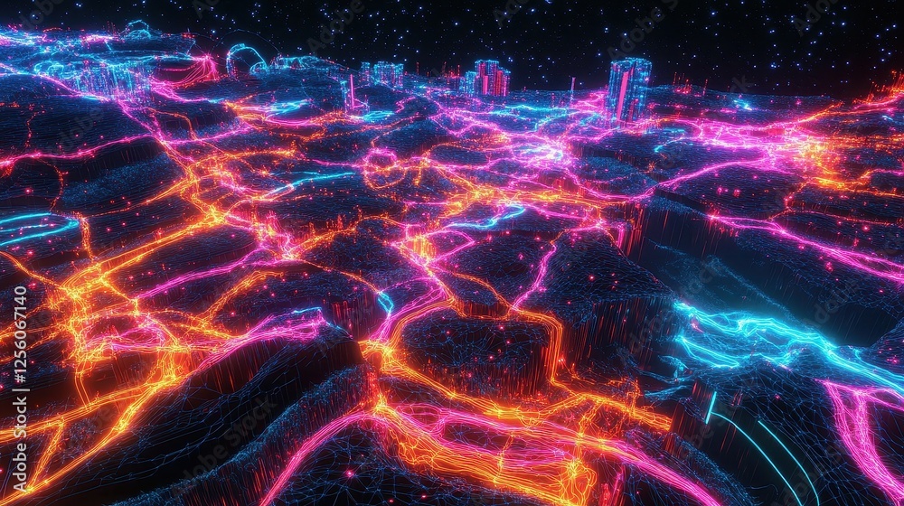 A neon cyber-grid spanning across continents, pulsating with vibrant data flow, forming a visual representation of global internet connections.