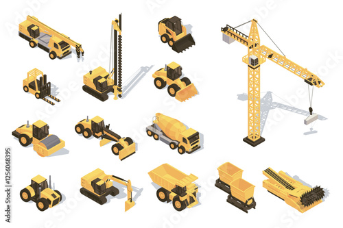 Construction equipment 3d isometric mega set in flat design. Collection isometry elements of trucks, bulldozers, concrete mixer, tractors, backhoes, forklifts, other machinery. Vector illustration.