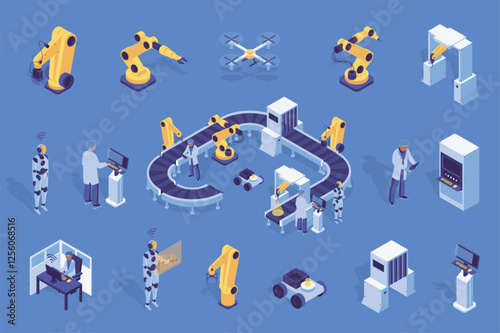 Automatic factory 3d isometric mega set in flat design. Collection isometry elements of robotic arms, robot assistance, conveyor belt, line assembling, production process, other. Vector illustration.