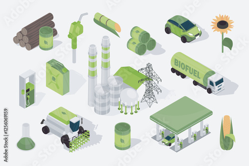 Biofuel 3d isometric mega set in flat design. Collection isometry elements of renewable bio energy, sunflower, corn, factory, car station, biodiesel canister, barrels, other. Vector illustration.