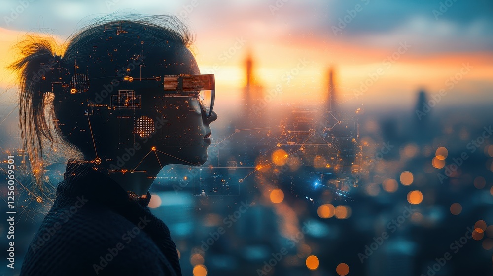 A person wearing augmented reality glasses, viewing a world overlaid with digital information and connections.