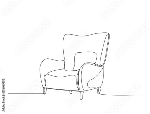 Continuous one line drawing of armchair or sofa- interior furniture. Cozy Sofa in single line draw illustration. Editable stroke.