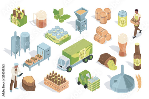 Beer making 3d isometric mega set in flat design. Collection isometry elements of bottles, mug, wooden barrels, hop, cup, wheat, brewery machinery, manufacturing process, other. Vector illustration.