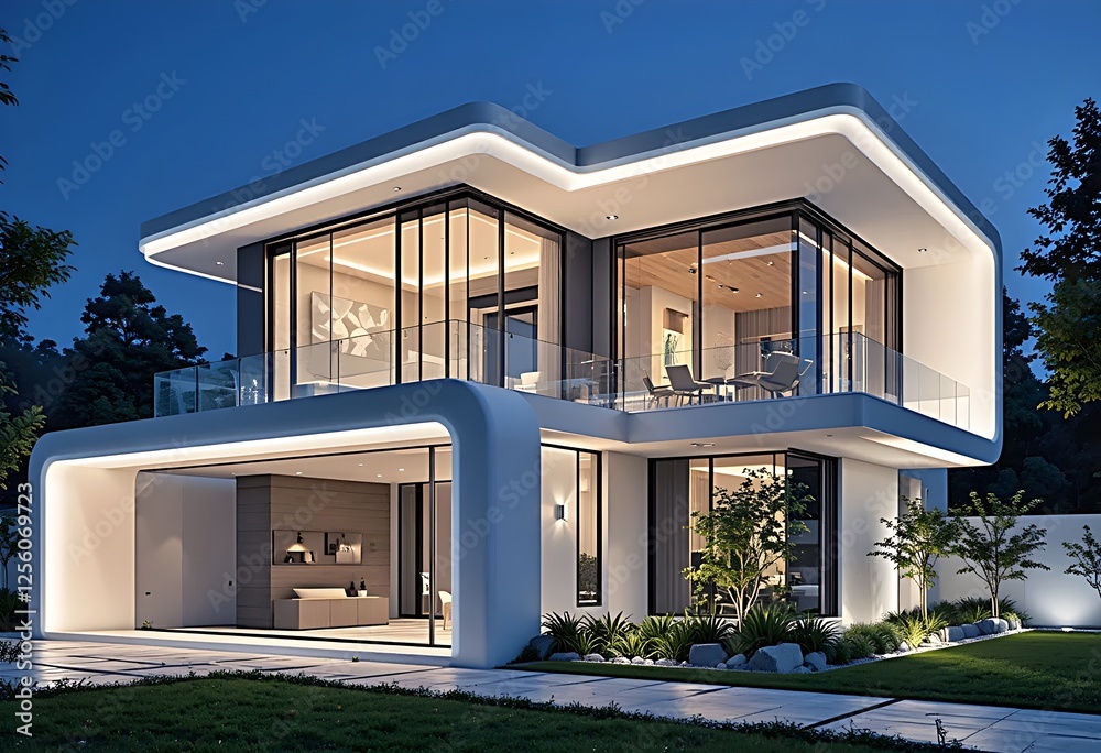 Futuristic house with external LED lighting integrated into the architecture Futuristic house with external LED lighting integrated into the architecture