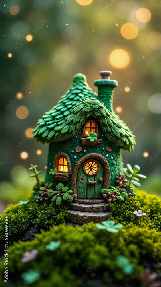 Enchanting Leprechaun Fairy House on Moss: Magical St. Patrick's Day Scene for Marketing, Greeting Cards, and Fantasy Themes Enchanting Leprechaun Fairy House on Moss: Magical St. Patrick's Day Scene for Marketing, Greeting Cards, and Fantasy Themes
