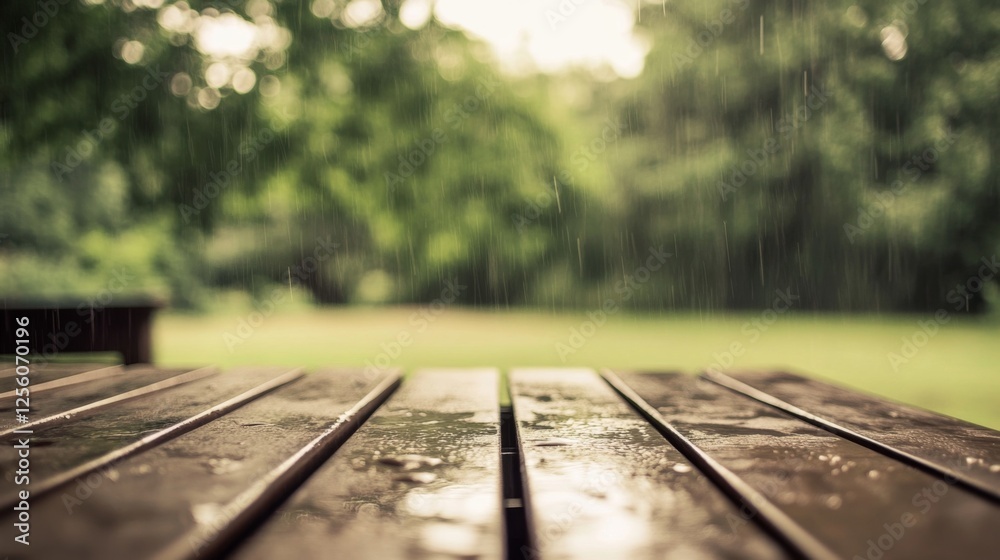 Rain on wooden picnic table, park background Rain on wooden picnic table, park background