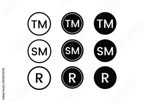 Premium TM, SM, and R icon set – high-quality vector symbols for trademark, service mark, and registered trademark.
