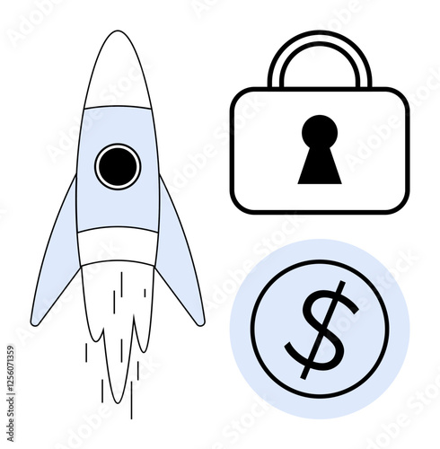 Rocket launching, padlock with keyhole, and dollar symbol encircled. Ideal for business growth, financial security, investment, success, startup technology future innovation. Line metaphor