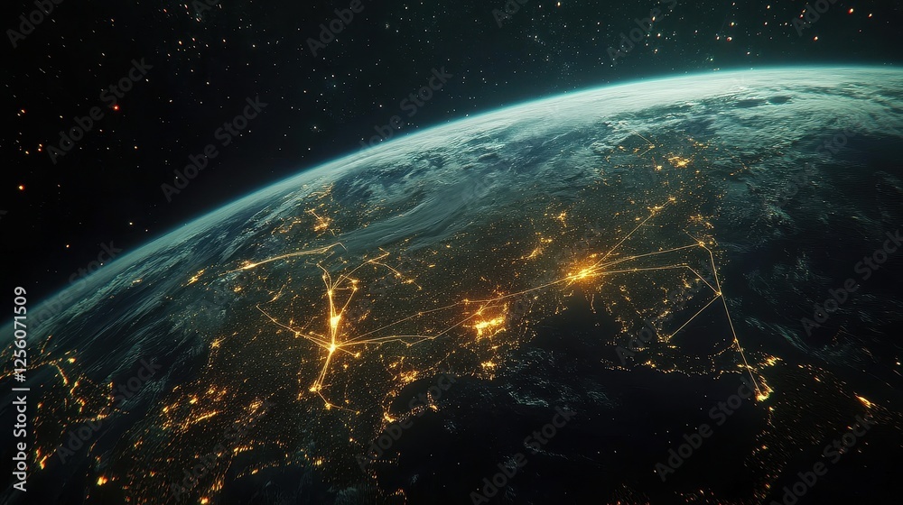 Obraz premium A satellite view of Earth at night, with illuminated cities connected by glowing lines representing data flow.
